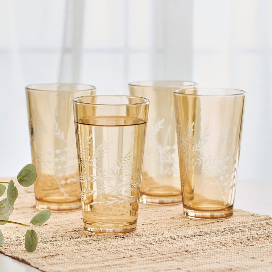 Dining Fitz and Floyd Glasses | Wildflower Highball Glasses Set Of 4, Gold