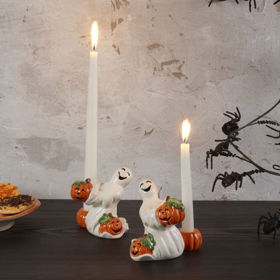 Serveware Fitz and Floyd Candleholders | Halloween Pumpkin And Ghost Candleholders, Set Of 2