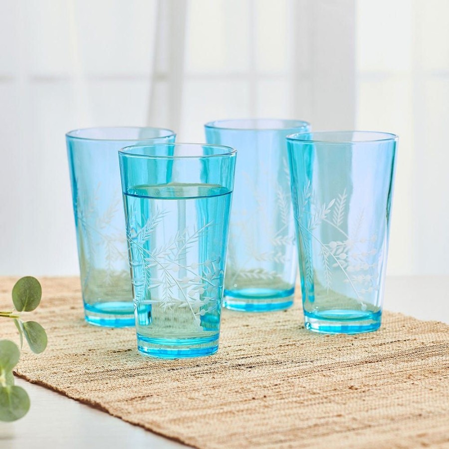 Dining Fitz and Floyd Glasses | Wildflower Highball Glasses Set Of 4, Blue