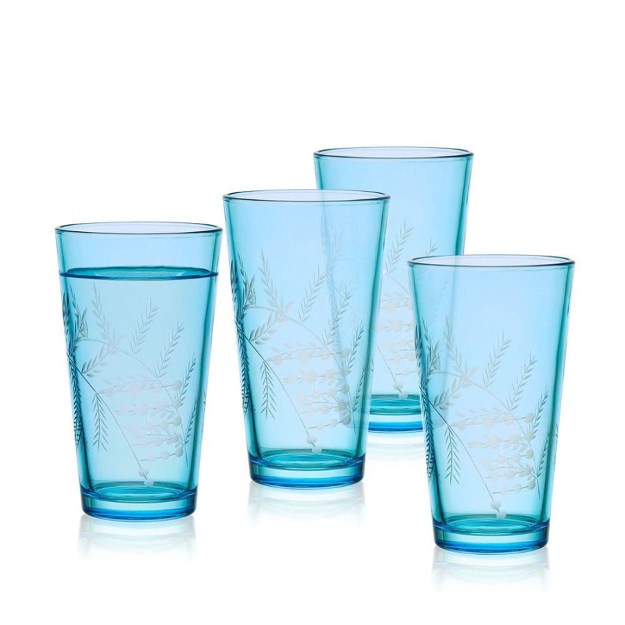 Dining Fitz and Floyd Glasses | Wildflower Highball Glasses Set Of 4, Blue