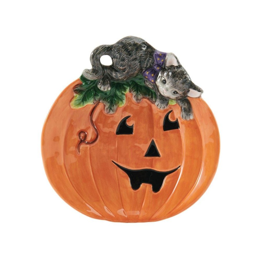 Serveware Fitz and Floyd Appetizer And Snack Serveware | Halloween Kitty And Pumpkin Figural Snack Plate