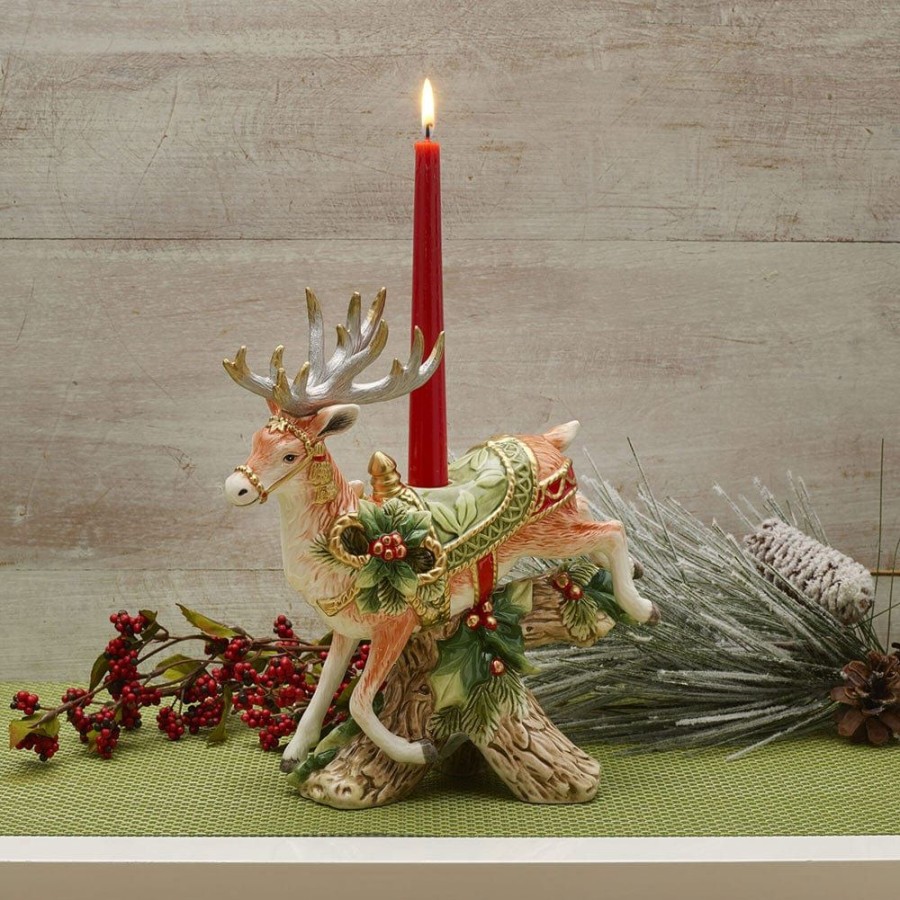 Serveware Fitz and Floyd Candleholders | Holiday Home Green Landing Deer Candleholder