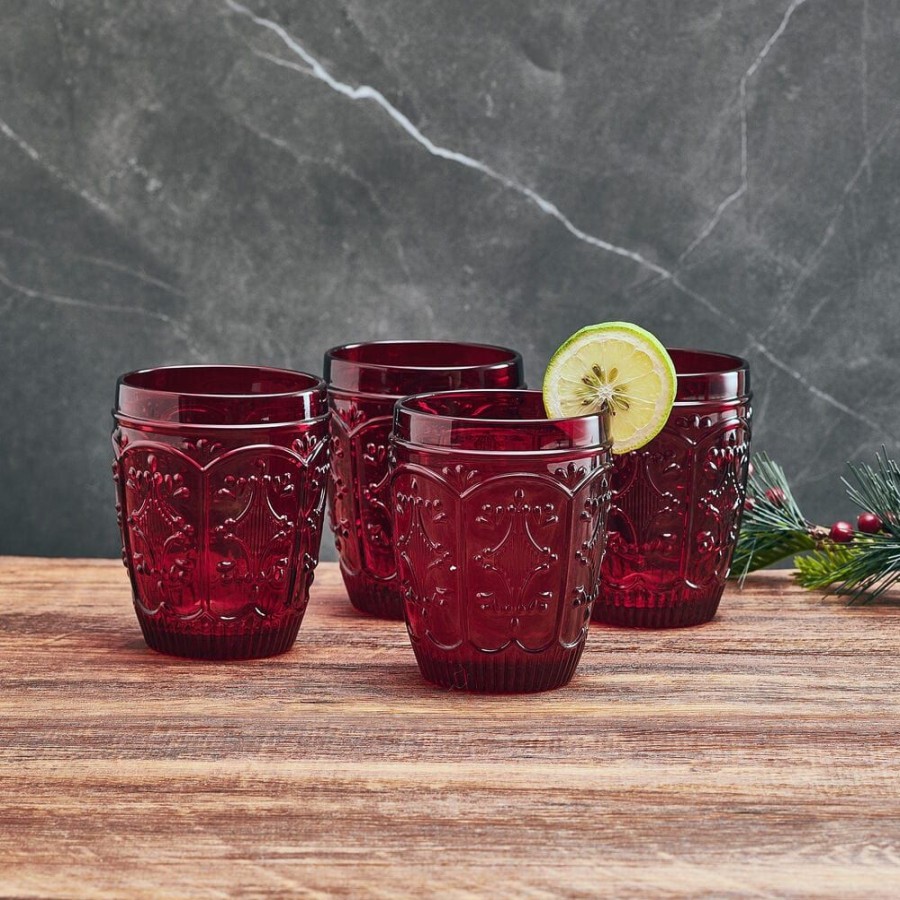 Dining Fitz and Floyd Glasses | Trestle Double Old Fashioned Glasses Set Of 4, Red