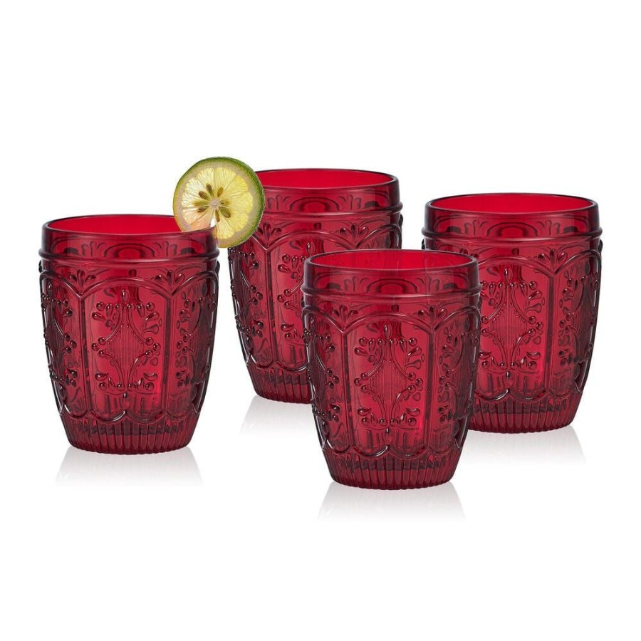 Dining Fitz and Floyd Glasses | Trestle Double Old Fashioned Glasses Set Of 4, Red