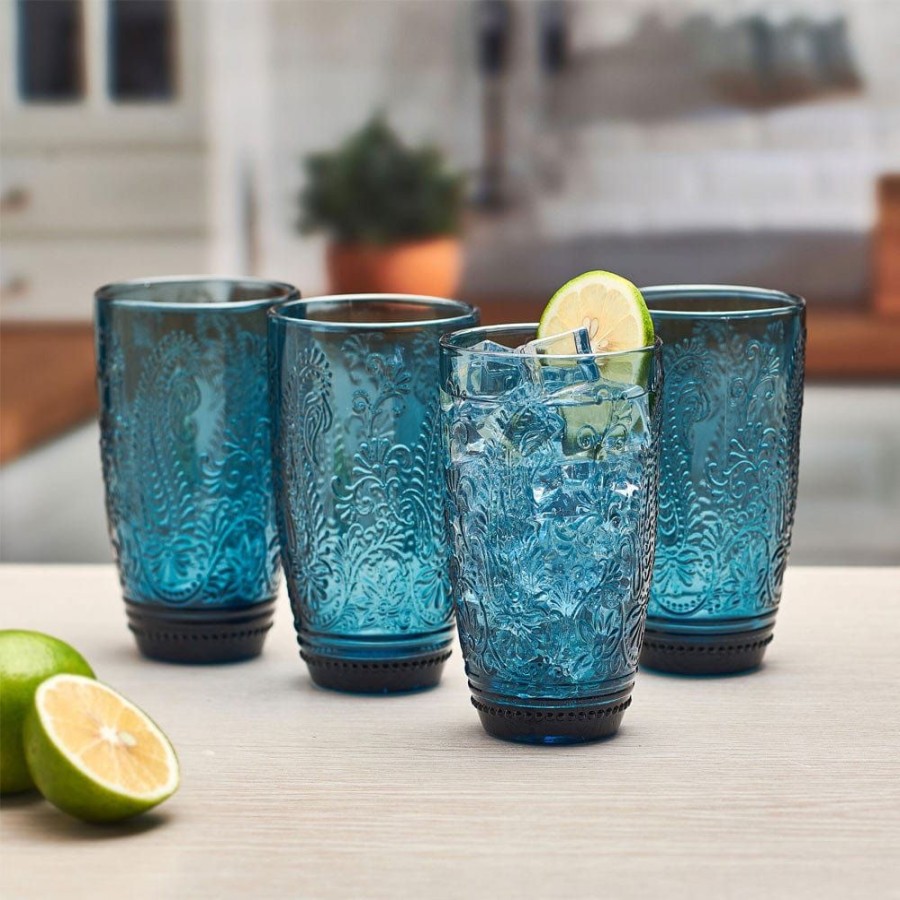 Dining Fitz and Floyd Glasses | Maddi Highball Glasses Set Of 4, Indigo