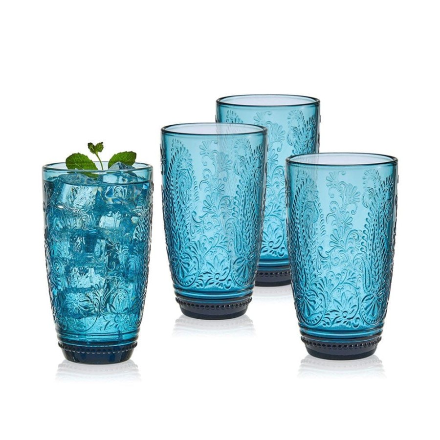 Dining Fitz and Floyd Glasses | Maddi Highball Glasses Set Of 4, Indigo