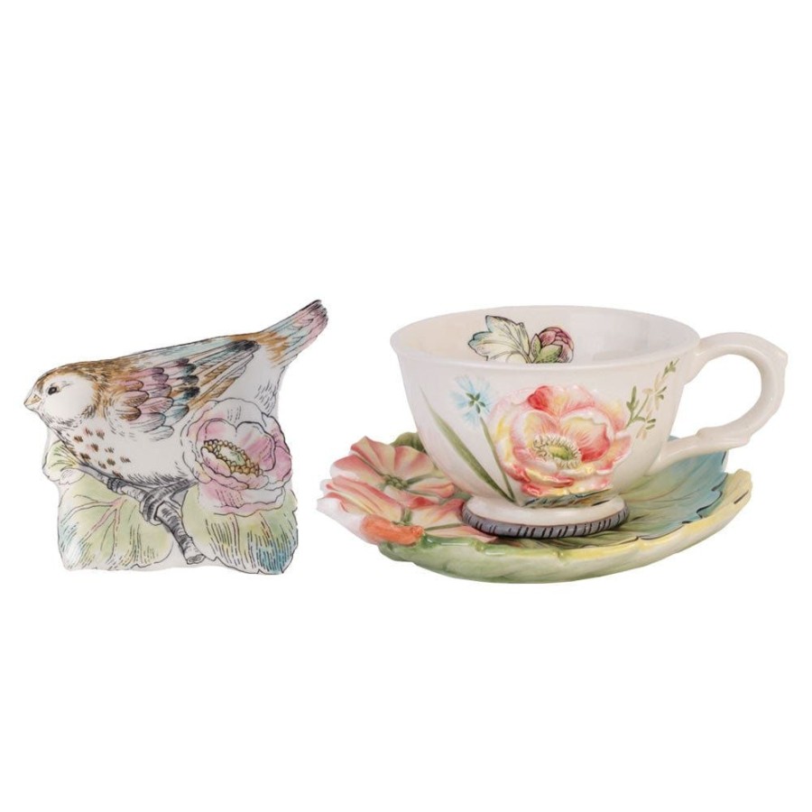 Dining Fitz and Floyd Mugs | English Garden Set Of 2 Tea Cup And Saucer With Tea Rest