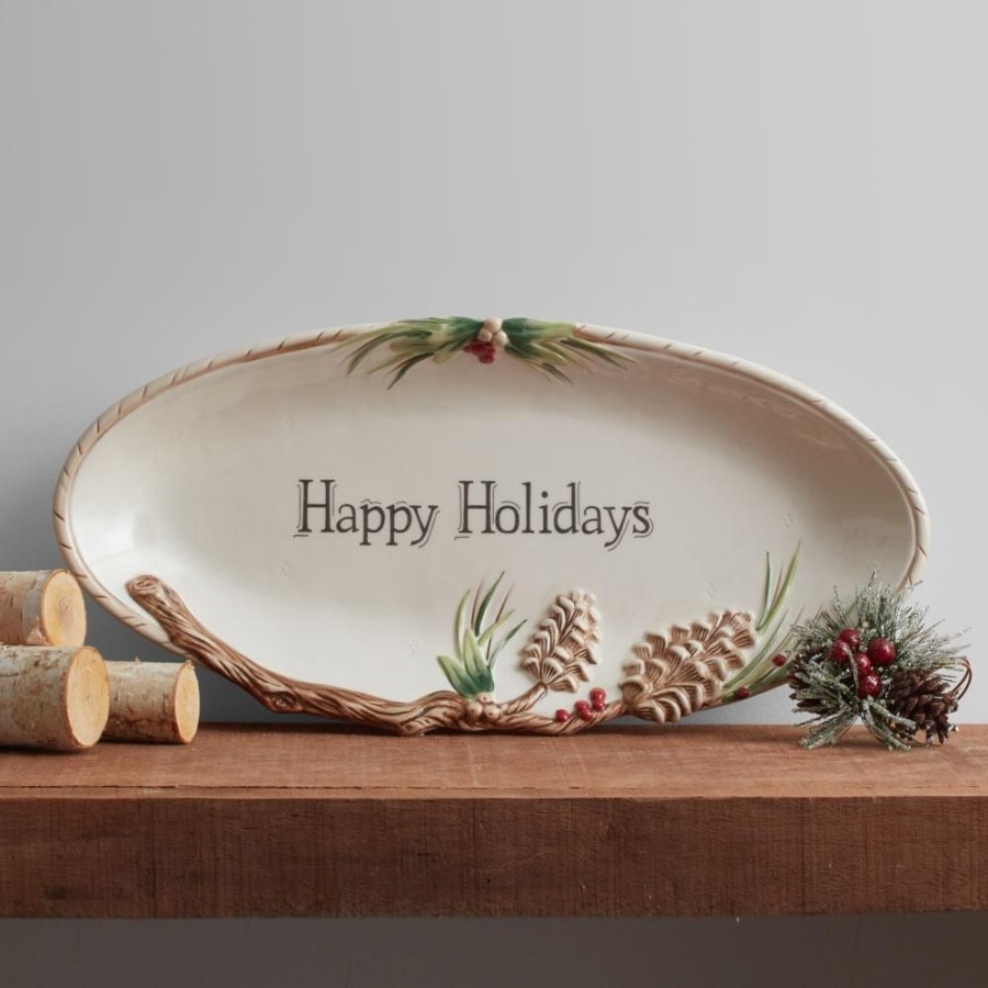 Serveware Fitz and Floyd Trays | Forest Frost Elongated Tray, Happy Holidays 18 In