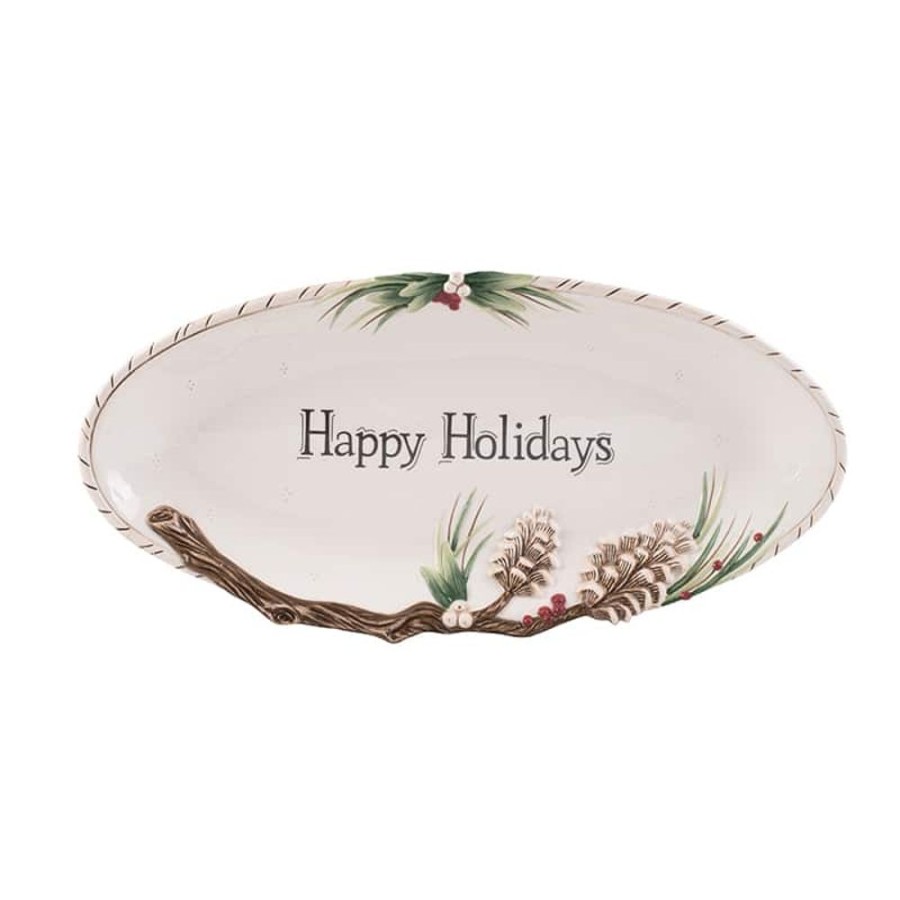 Serveware Fitz and Floyd Trays | Forest Frost Elongated Tray, Happy Holidays 18 In