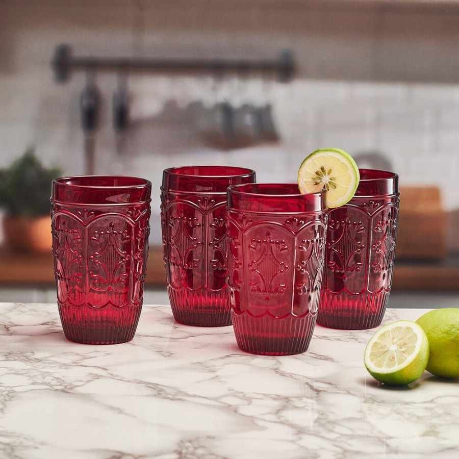 Dining Fitz and Floyd Glasses | Trestle Highball Glasses Set Of 4, Red