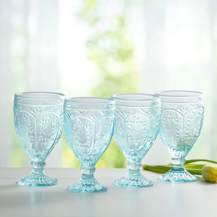 Dining Fitz and Floyd Glasses | Trestle Goblets Set Of 4, Aqua