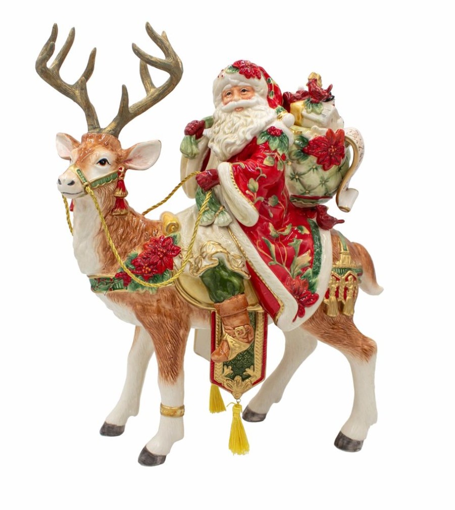 Figurines Fitz and Floyd Santa | Cardinal Christmas Santa And Reindeer Figurine,16.5 In