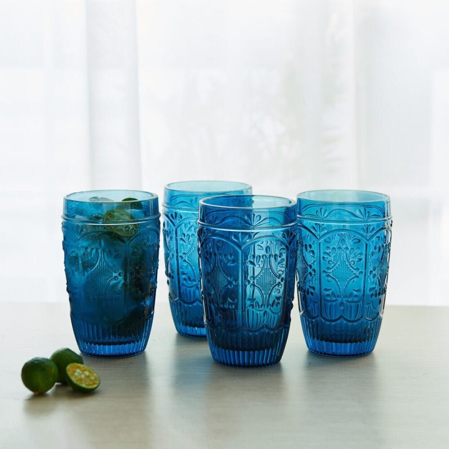 Dining Fitz and Floyd Glasses | Trestle Highball Glasses Set Of 4, Indigo