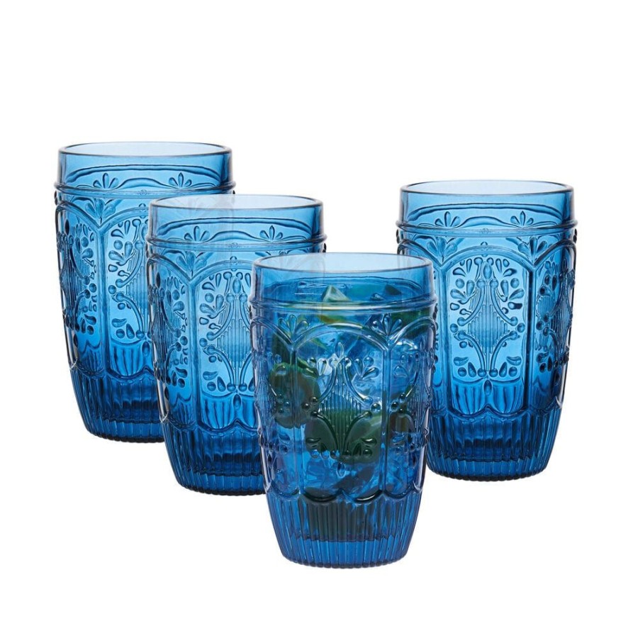 Dining Fitz and Floyd Glasses | Trestle Highball Glasses Set Of 4, Indigo